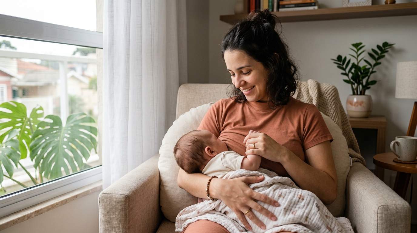 Mãe amamentando bebê pequeno em uma poltrona próxima à janela.